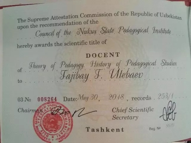 НМПИ оқытыўшысы «Қарақалпақстан Республикасы халық билимлендириў ағласы» көкирек нышаны менен сыйлықланды